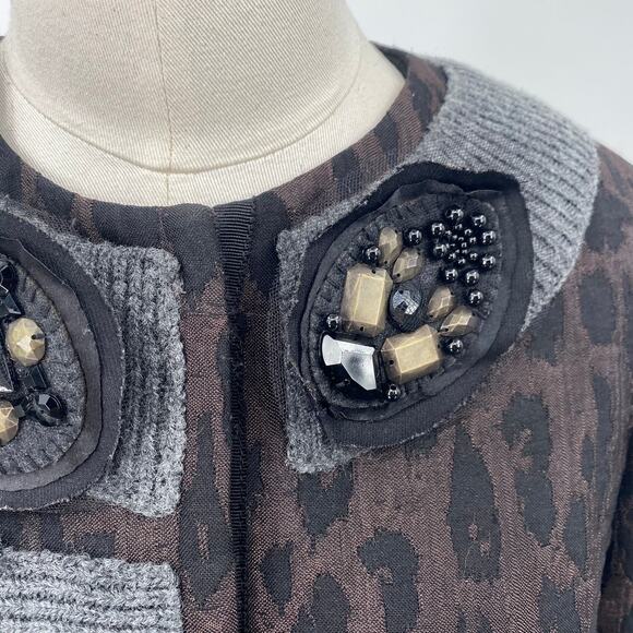 BCBGMAXAZRIA Blazer Convertible Jeweled Pins Wool Knit Trim Leopard Womens XS - Picture 5 of 15